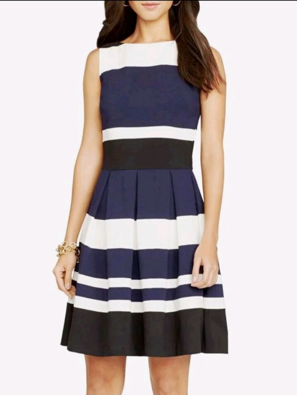Ralph Lauren Navy White Striped Dress with Pleated Skirt Women's Size 14